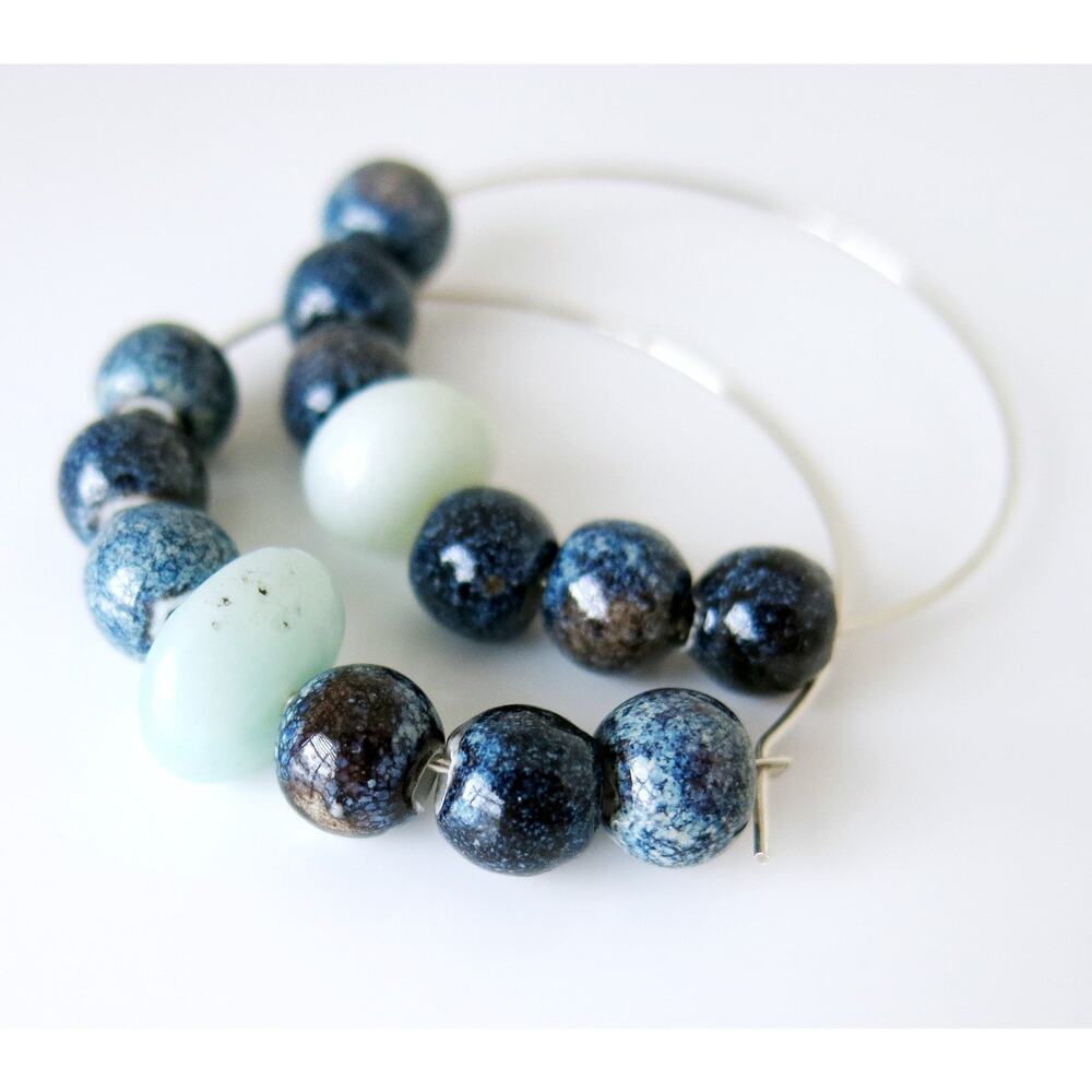 Eye of the Moon and Stars - Blue Speckled Ceramic SS Hoops Aventurine Gemstone